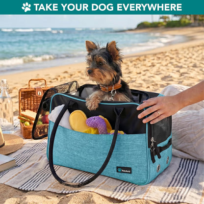 Dog Purse Carrier for Small Dogs, Airline Approved Soft Sided Pet Carrier with Pockets, Ventilated Dog Carrying Bag for Puppy Cat, Dog Travel Supplies Bag, Sherpa Bed, Max 12 Lbs, Teal Blue