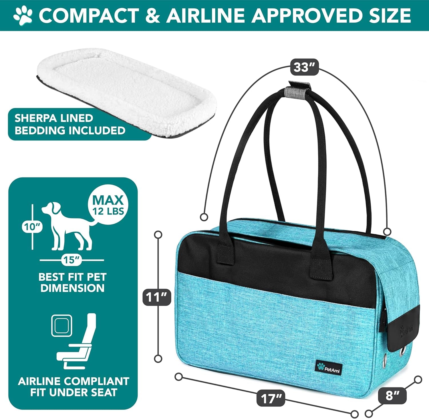 Dog Purse Carrier for Small Dogs, Airline Approved Soft Sided Pet Carrier with Pockets, Ventilated Dog Carrying Bag for Puppy Cat, Dog Travel Supplies Bag, Sherpa Bed, Max 12 Lbs, Teal Blue