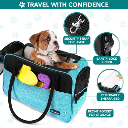 Dog Purse Carrier for Small Dogs, Airline Approved Soft Sided Pet Carrier with Pockets, Ventilated Dog Carrying Bag for Puppy Cat, Dog Travel Supplies Bag, Sherpa Bed, Max 12 Lbs, Teal Blue