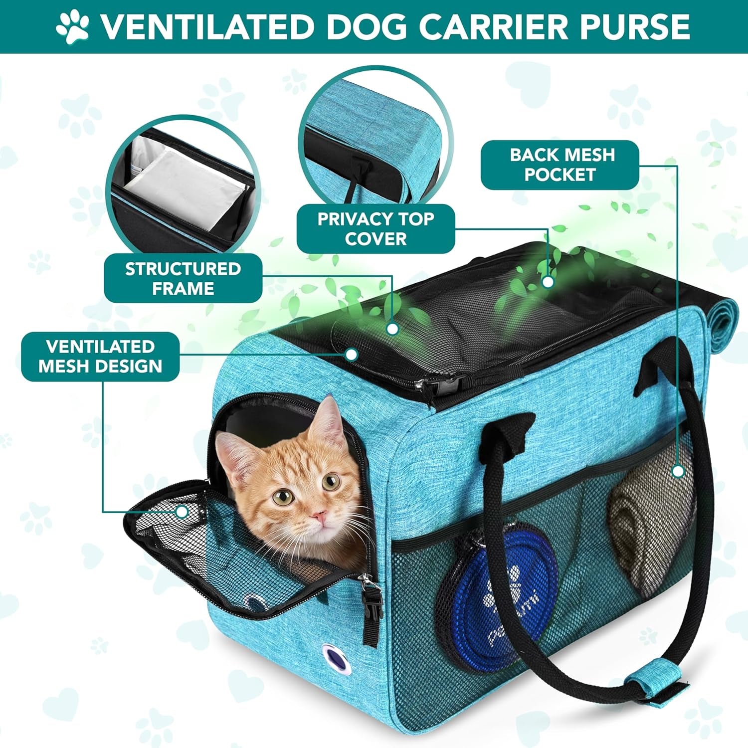 Dog Purse Carrier for Small Dogs, Airline Approved Soft Sided Pet Carrier with Pockets, Ventilated Dog Carrying Bag for Puppy Cat, Dog Travel Supplies Bag, Sherpa Bed, Max 12 Lbs, Teal Blue
